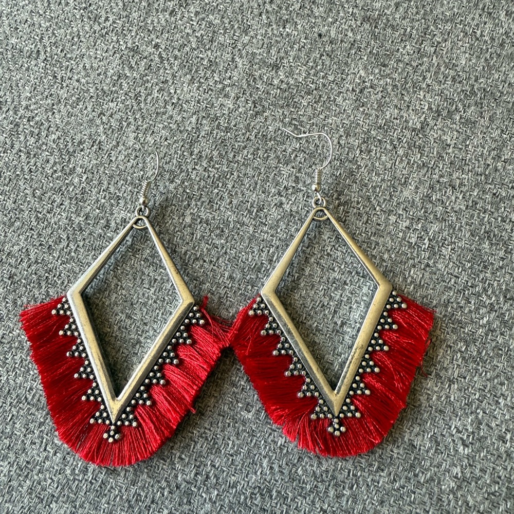 Red Fringe Geometric Earrings